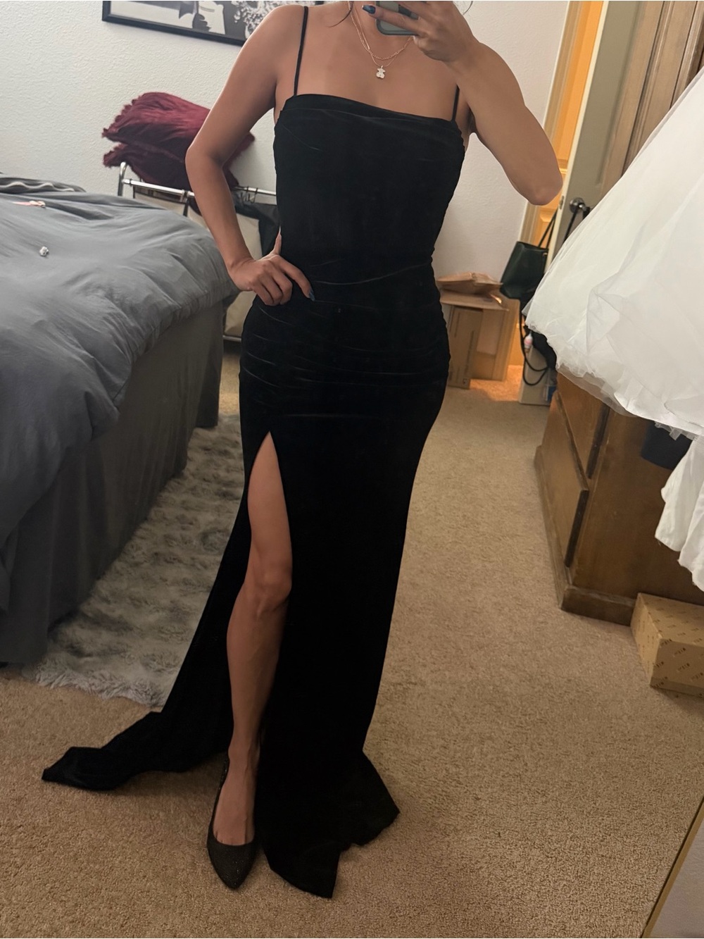 Black Velvet Spaghetti-Strap Evening Gown with Thigh Slit